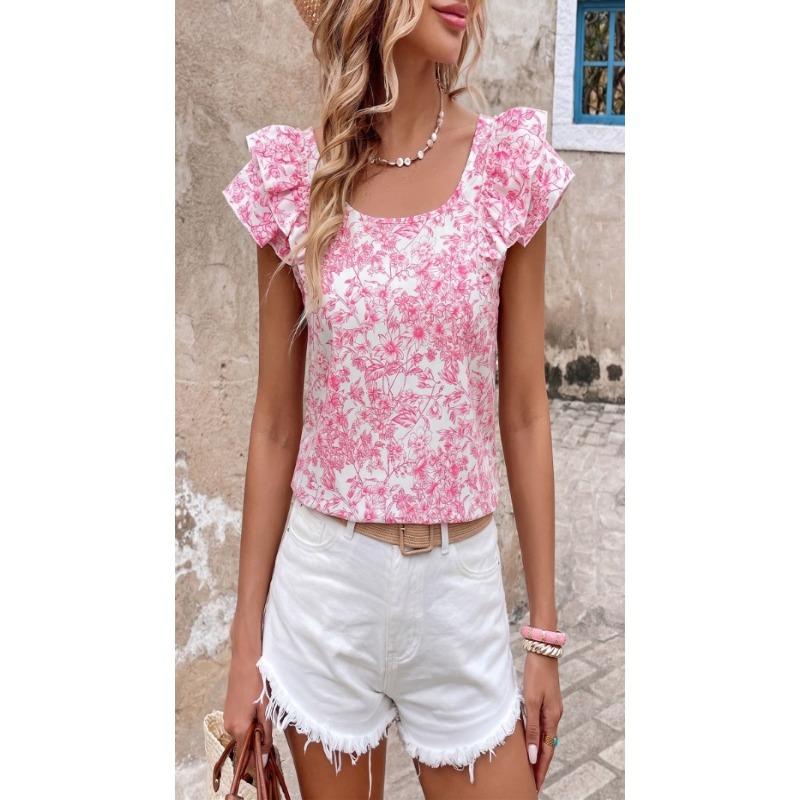 Women Fresh Pastoral Floral Print Back Bow Square Neck Ruffled Short Sleeve Blouse