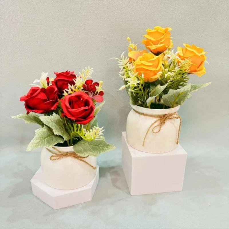 1pc Artificial Flower Potted Three Roses Small Flanged Bonsai Combination Simulated Plant Bonsai Home Decor Desktop Decoration