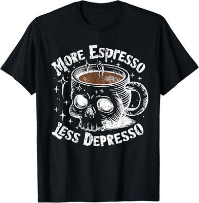 NEW LIMITED More Espresso Less Depresso Funny Coffee Humor Skull T-Shirt