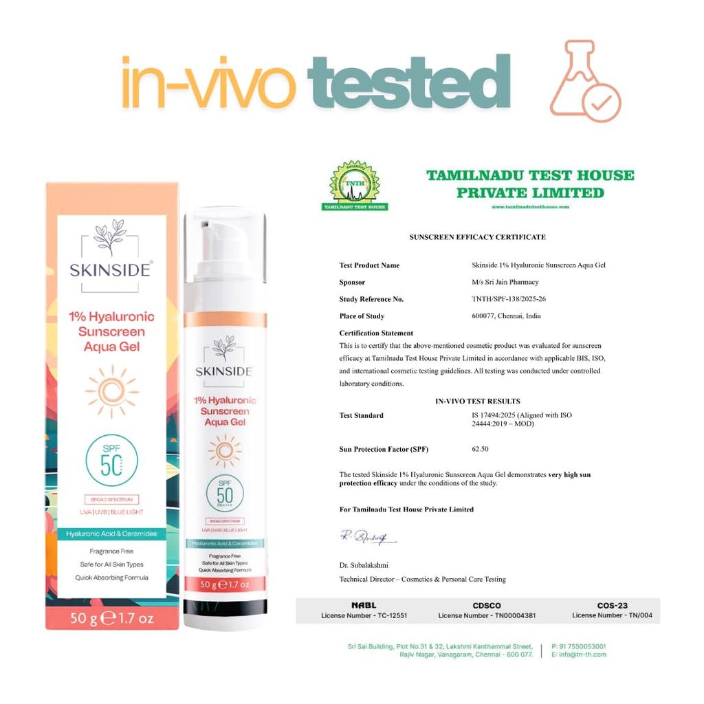 SkinSide 1% Hyaluronic In Vivo Tested Sunscreen Aqua Gel Ultra Light SPF 50 PA++++ | UVA UVB & Blue Light Protection | Zero White Cast | For All