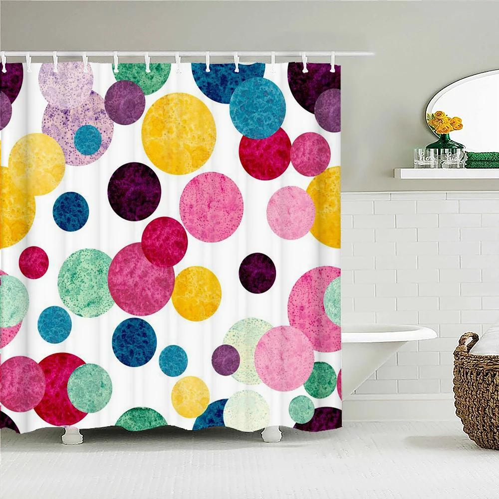 

Simple Colorful Geometric Pattern Fabric Shower Curtain Bathroom Curtains Round Mosaic Waterproof Bath Screen With 12 Hooks W90xH180cm