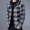 Męski Zimowy Kardigan Kontrastowy Kolor Krata Nadruk Kaptur Sznurek Średniej Długości Kurtka Pogrubiona Dzianinowa