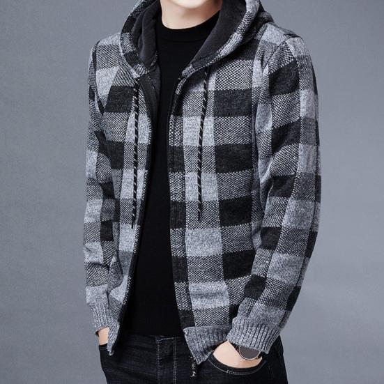 Męski Zimowy Kardigan Kontrastowy Kolor Krata Nadruk Kaptur Sznurek Średniej Długości Kurtka Pogrubiona Dzianinowa