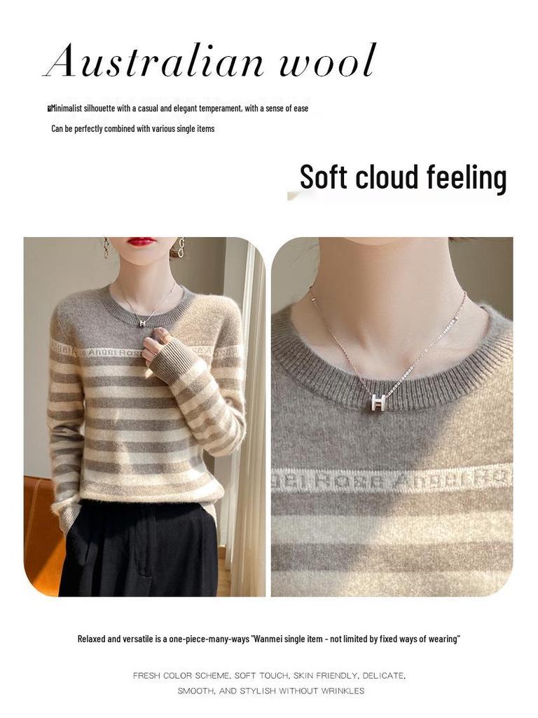 Women's Striped Crew Neck Wool Sweater - Autumn/Winter Loose-Fit Cashmere Knit