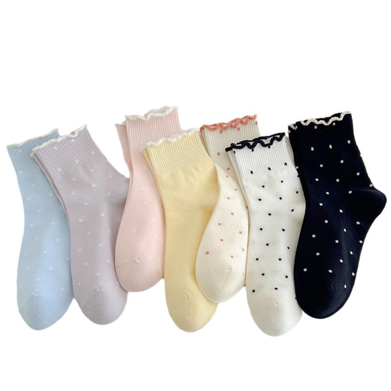 Black Ear-trimmed Socks for Women's Spring and Autumn: Simple and Versatile Boneless Mid-calf Socks, Sweet Polka Dot Socks with A School Style