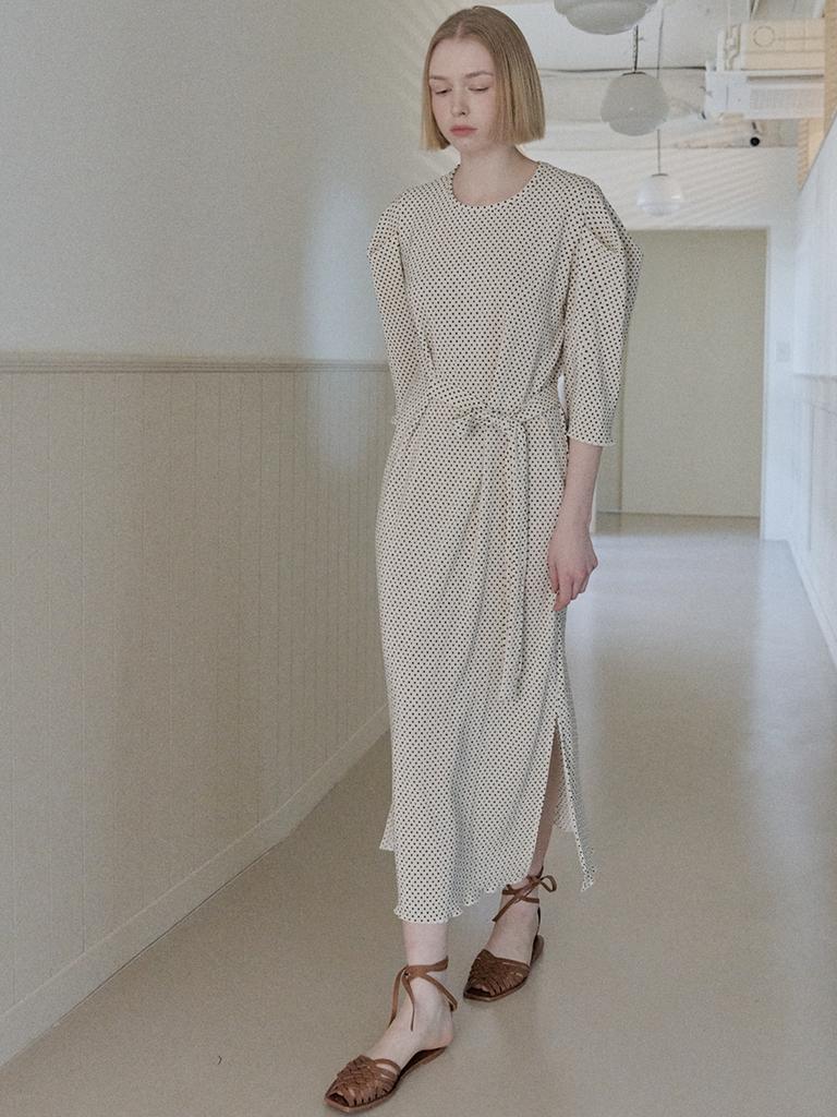 Avang Dot Pleated Puff Sleeve Dress - Ivory