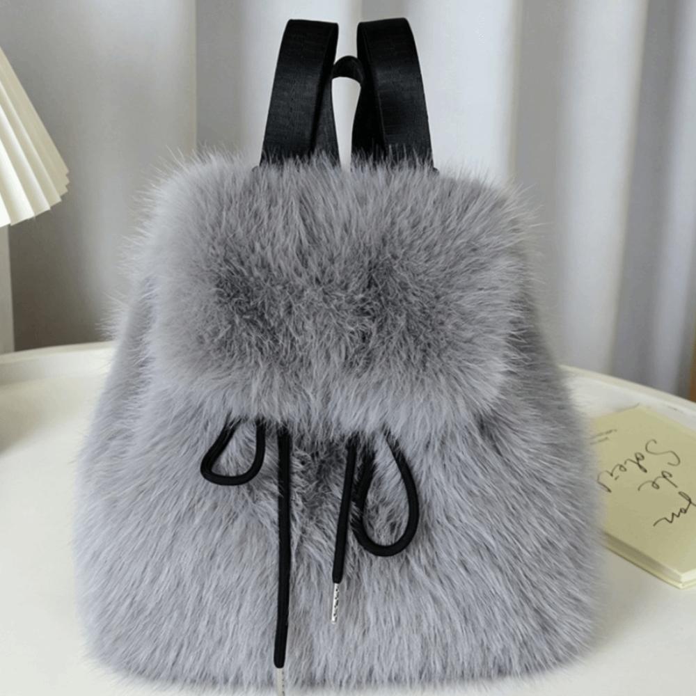 Drawstring Mini Daypack Adjustable Closure Plush Knapsack Y2k Fashion Faux Fur Backpack Travel