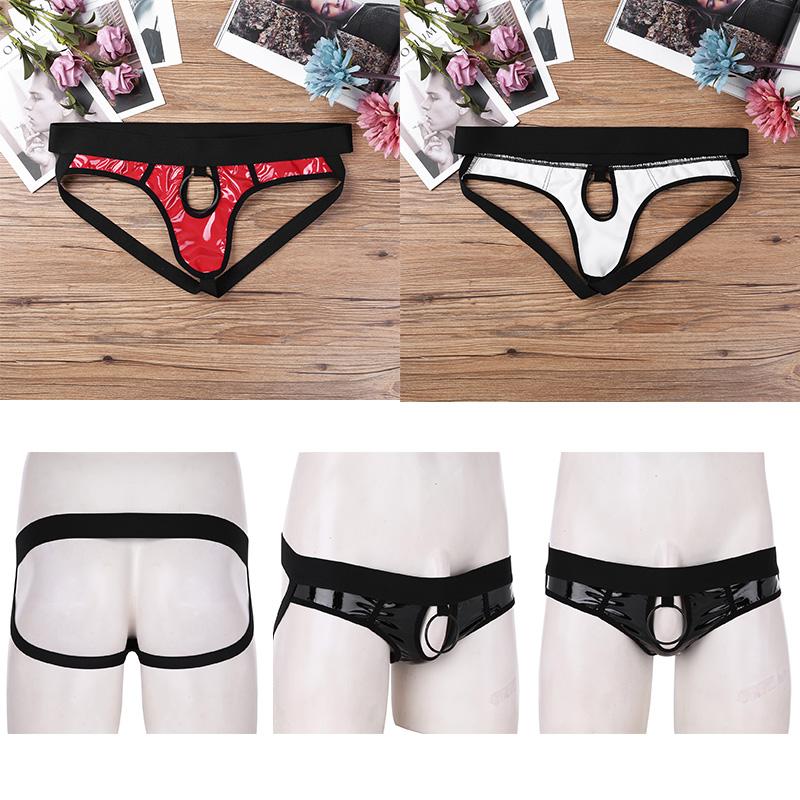 Men's Shiny Faux Leather Open Back Hollow Out Jockstrap Bikini Briefs with Metal O-Rings