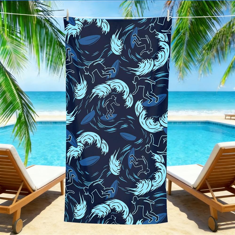 

Retro Surfing Wave Beach Towel – Oversized Quick Dry Sand Free with Navy Blue Surfer Print for Surf Enthusiasts W30*H60(CM)