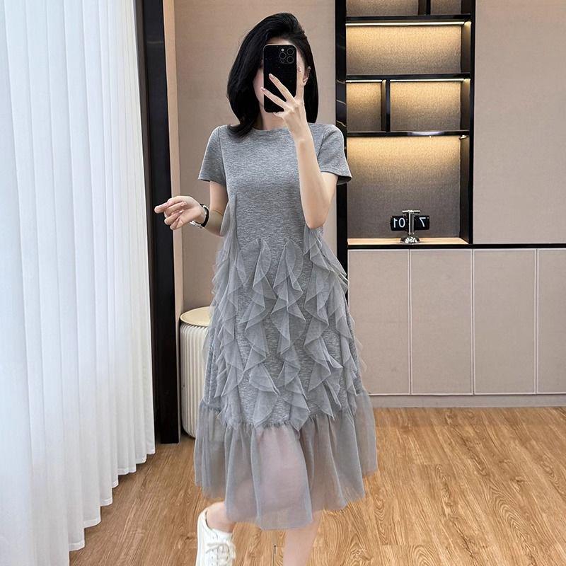 2026 Spring/Summer Plus Size Mesh Patchwork T-shirt Dress, Gray, Short Sleeve, Regular Shoulder Style for Women