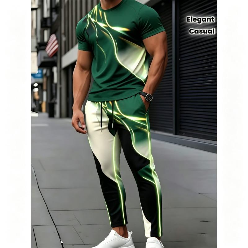 [Men's T-Shirt & Pants Set] Men's Short Sleeve Round Neck T-Shirt And Pants Set - 3D Print Casual Design - Slightly Elastic Knit
