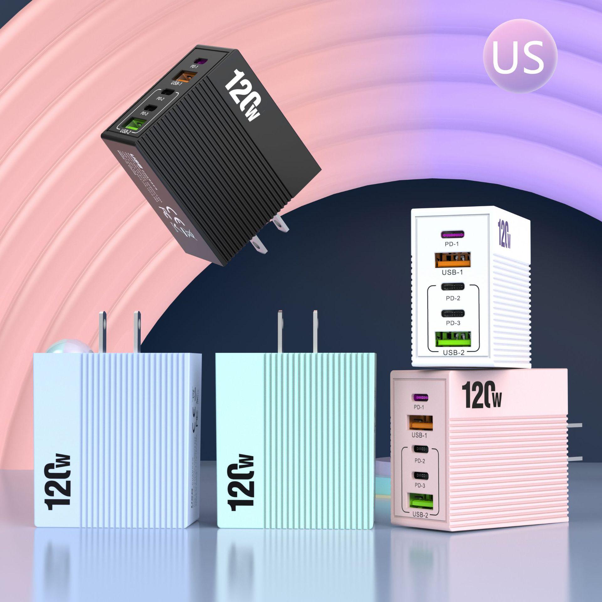 

120W Macaron Multi-Port PD Charger: 2 USB + 3 Type-C for Apple & Huawei 12W 2.4A - US рожевий