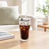 Ribbed Glass Cup with Lid And Straw, 600ml Large Capacity Iced Coffee Tumbler, Reusable Cold Drink Cup for Home Office Travel Use