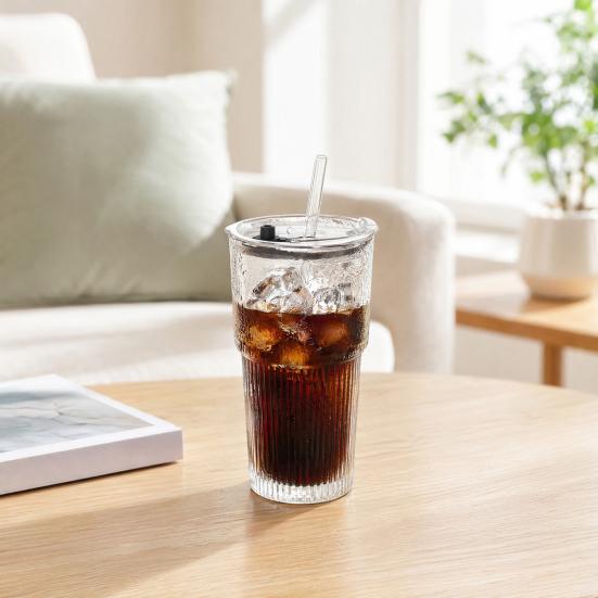 Ribbed Glass Cup with Lid And Straw, 600ml Large Capacity Iced Coffee Tumbler, Reusable Cold Drink Cup for Home Office Travel Use