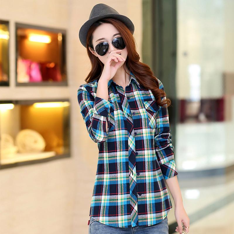 New Cotton Women's Shirts Grid Plus Size M-5XL Blouse Shirt Casual Long Sleeve Checkered Shirt  Turn-down Collar Streetwear
