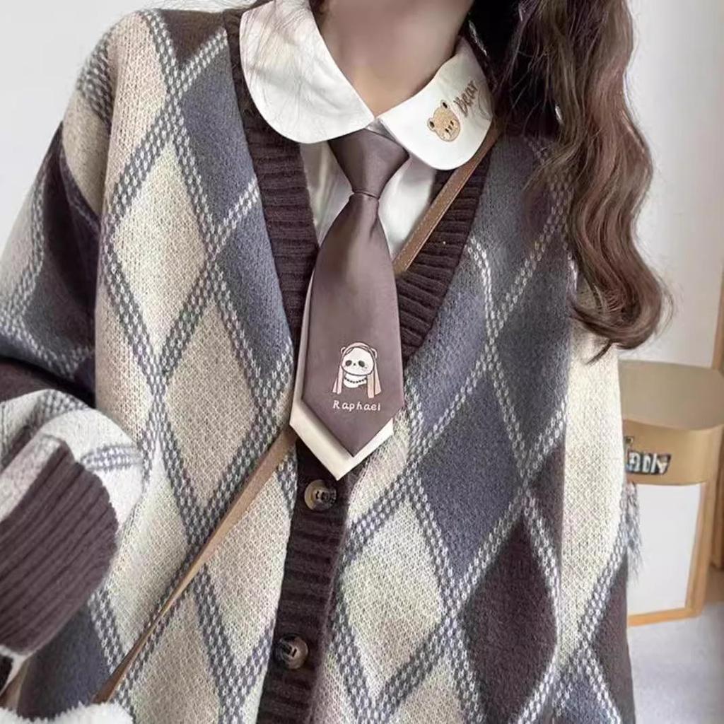 Women's Retro Japanese Argyle Sweater - Loose Fit, Soft Knit Cardigan for Autumn and Winter