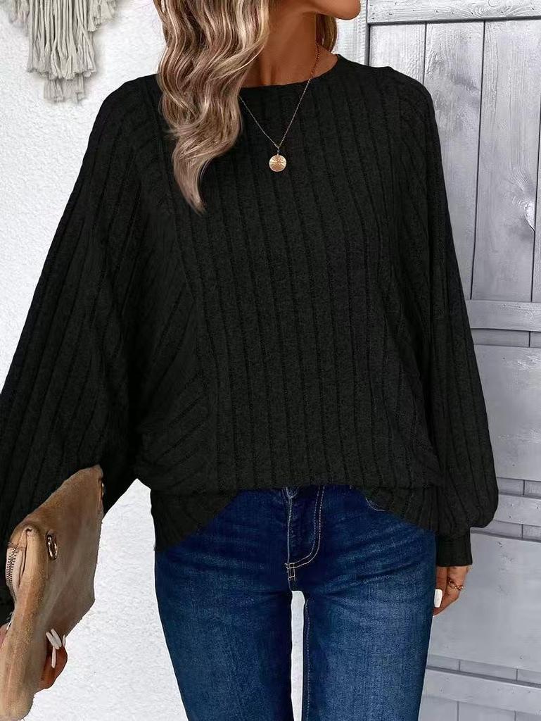 2025 Women's Chic Ribbed Lantern Sleeve Top - Comfortable Casual Solid Color for Autumn/Winter