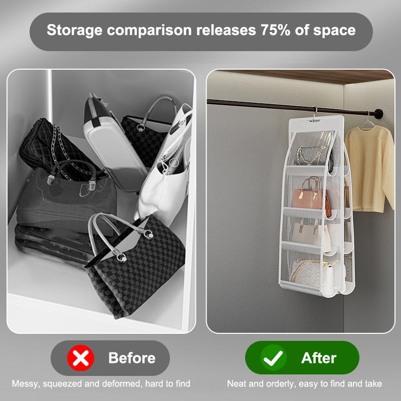 6 Pocket Hanging Handbag Organizer For Wardrobe Closet Gray Waterproof Storage Bag Door Wall Clear Sundry Bag With Hanger Pouch