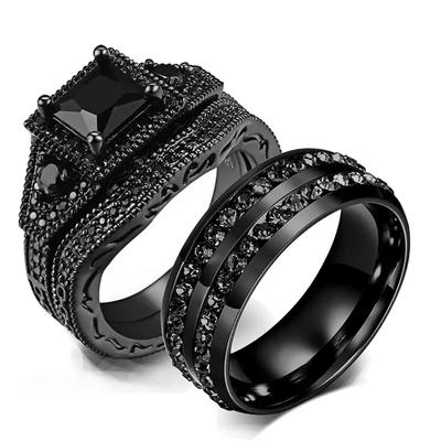 Charm Paar Ringe Romantische Schwarze Strass Weibliche Ringe Set Herren Zwei Reihen Schwarz CZ Stein Edelstahl Ring Hochzeit Schmuck