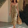 Summer Women Long Dress Solid Color Wide Straps Pleated Midi Dress Breathable Casual Sleeveless Slim Fit Above Ankle Length Dress