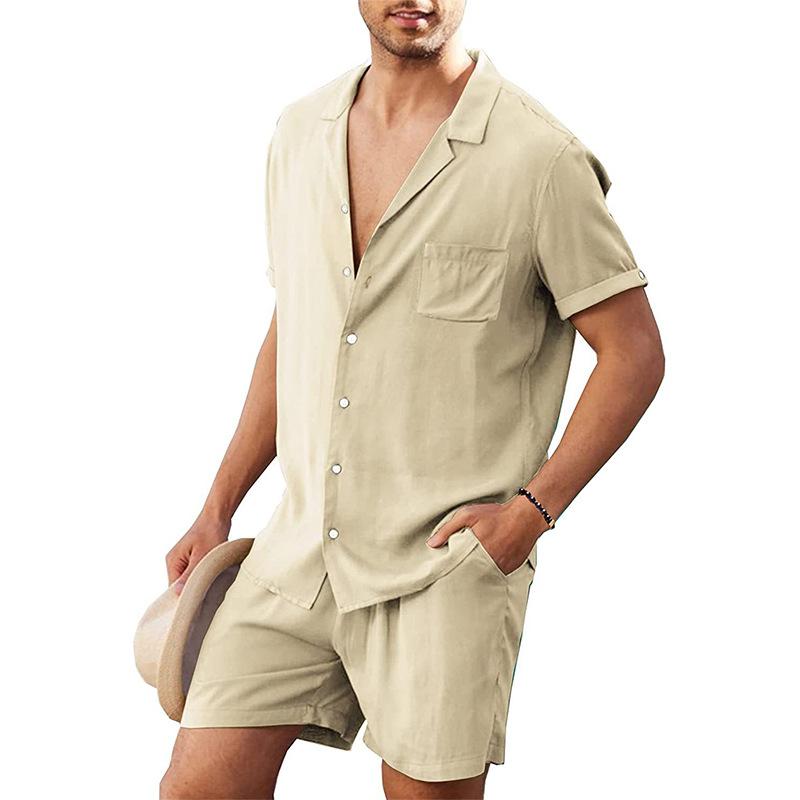 Summer Men's Cotton Linen Shirt Set Men's Casual Outdoor 2-Piece Suit and Home Clothes Pajamas Comfy Breathable Beach Short Sleeve Sets