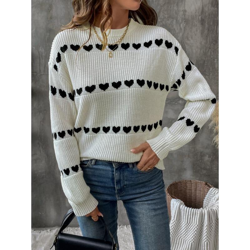 Sweet Heart Pattern Crew Neck Long Sleeve Pullover Sweater For Women
