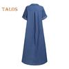 Fall Spring Lady Dress V Neck Loose Short Sleeves with Cufflink Split Hem Plus Size Dress Solid Color Buttons Pullover A-line Daily Wear Beach Maxi