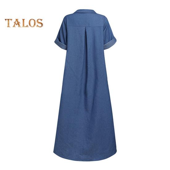 Fall Spring Lady Dress V Neck Loose Short Sleeves with Cufflink Split Hem Plus Size Dress Solid Color Buttons Pullover A-line Daily Wear Beach Maxi