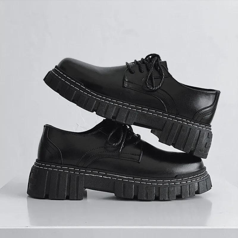 Schwarze Leder Freizeitschuhe Outdoor Nähen Walking Herrenschuhe Mode Dicke Sohle Sneakers Männlich Atmungsaktiv Sport Plateau Schuh Neu