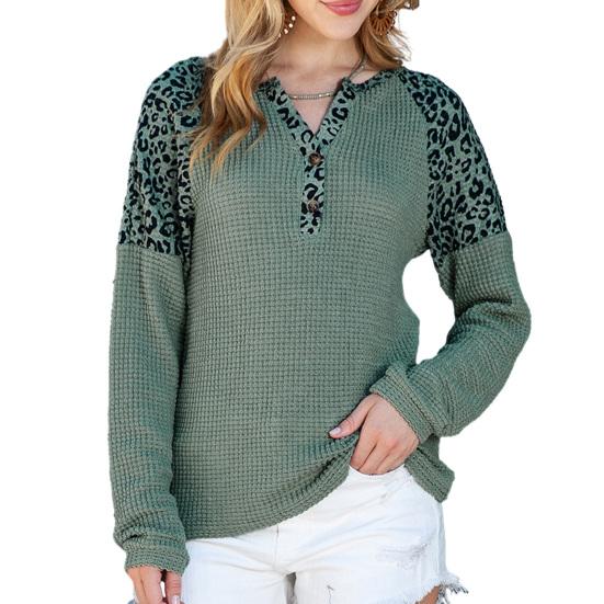 

Женский весенний топ с v-образным вырезом, вязаная вафельная текстура, леопардовый принт, контрастный цвет, свободный пуловер с длинными рукавами, повседневная женская футболка L зелёный