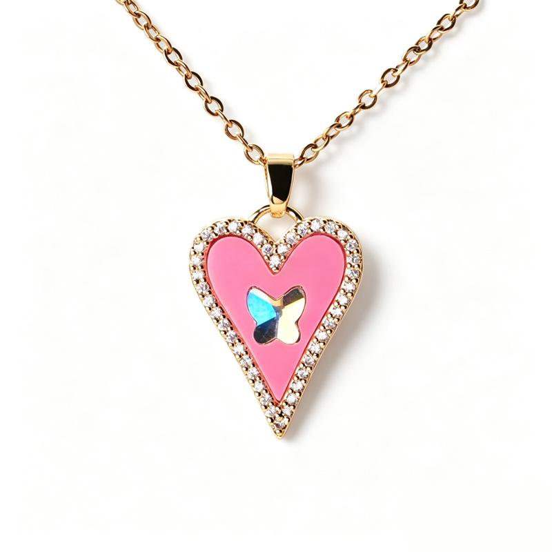 European-American Multi-Color Shell & Zircon Heart Pendant Necklace for Women