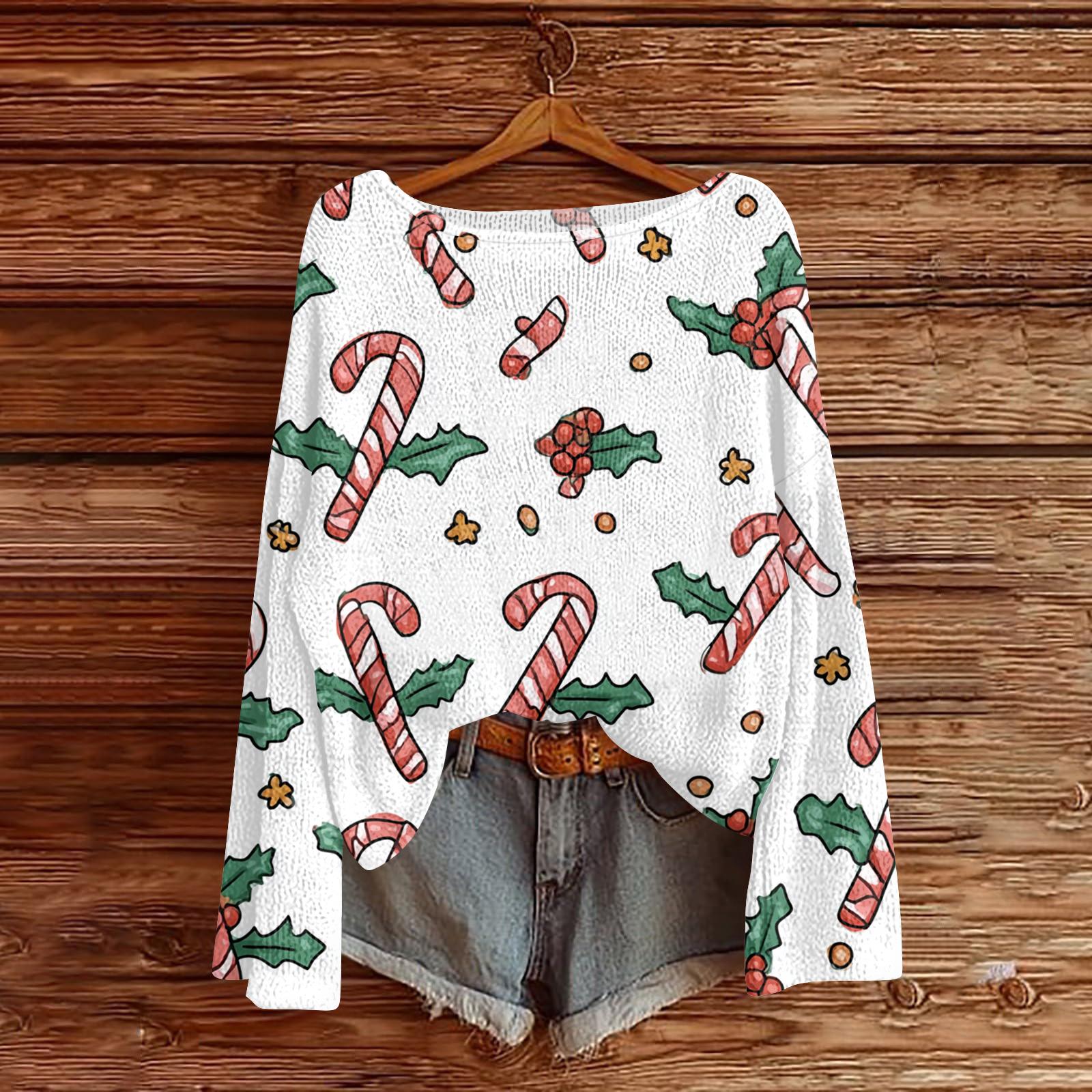 

Женский легкий свитер с круглым вырезом, повседневный вязаный пуловер с длинным рукавом и рождественским принтом XL белый