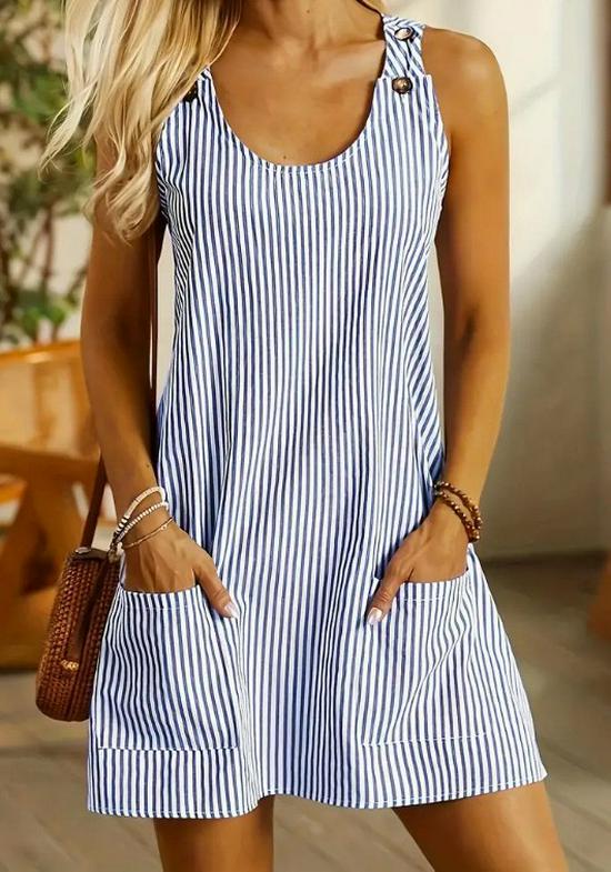 Striped Pocket Button Dress with Suspender and Short Skirt