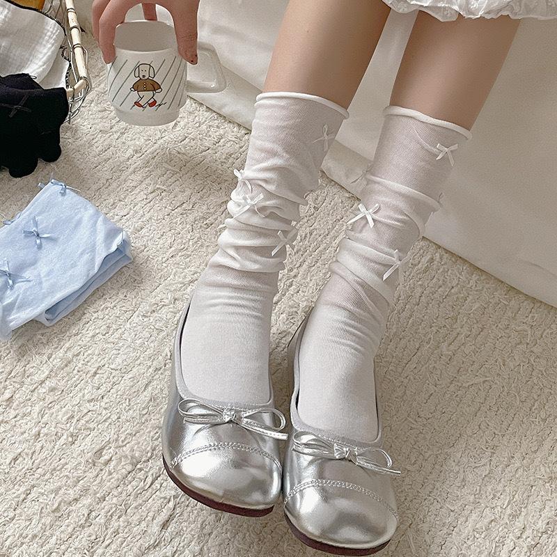 Women'S Stockings High Quality Modern  Simple Cute Japanese Style Long Women Socks Mesh Bow Sweet Knee High Socks Thin White