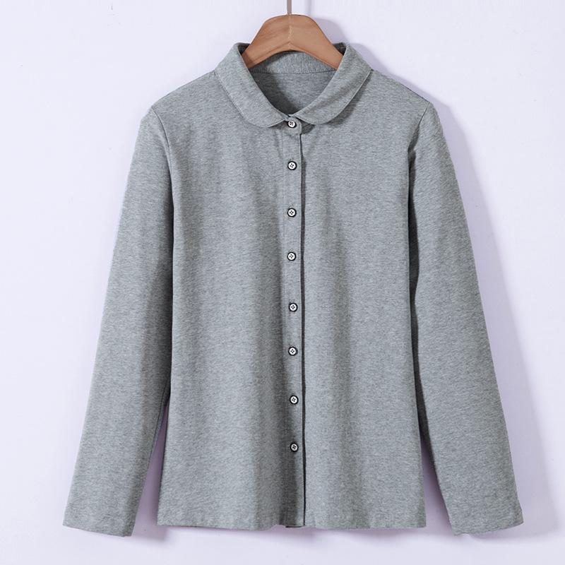 Women‘s Turn Down Collar Long Sleeve Slim Fit Shirt Cotton Solid Casual Top