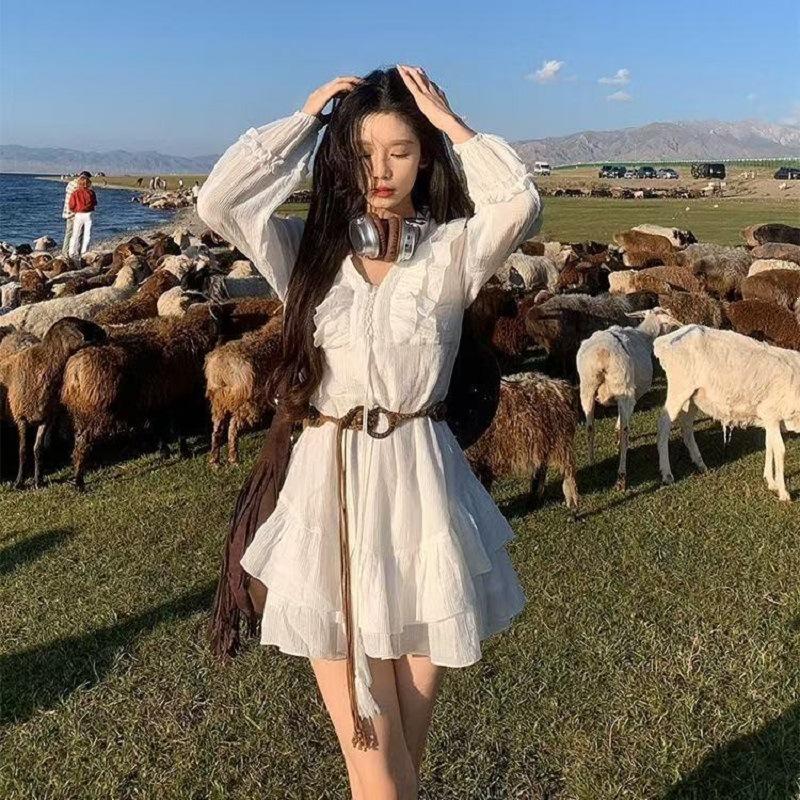 French White Long-sleeved Dress Children's Summer New Xinjiang Travel Vacation Style Wear Short Skirt Early Autumn