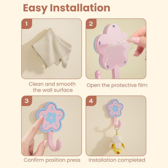4PCS Wall Hook, Self-adhesive Flower Hook, Strong Load Bearing Drill-Free Installation, Decorative Hook for Bags Keys Towels