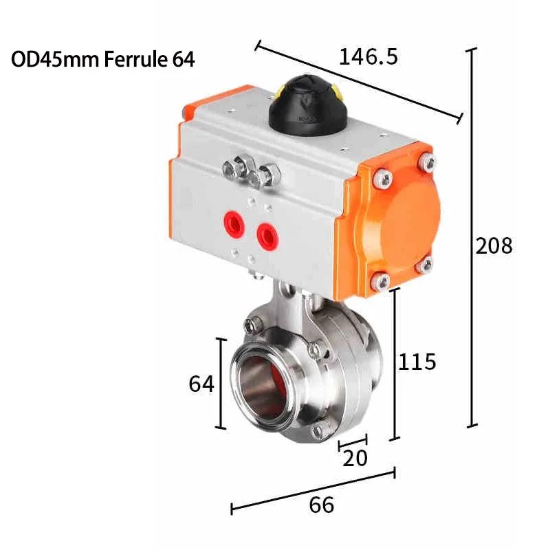 OD19-51mm Pipe 304/316L Stainless 1.5" 2" Tri Clamp Steel Sanitary Butterfly Valve With Pneumatic actuator For Home Brew