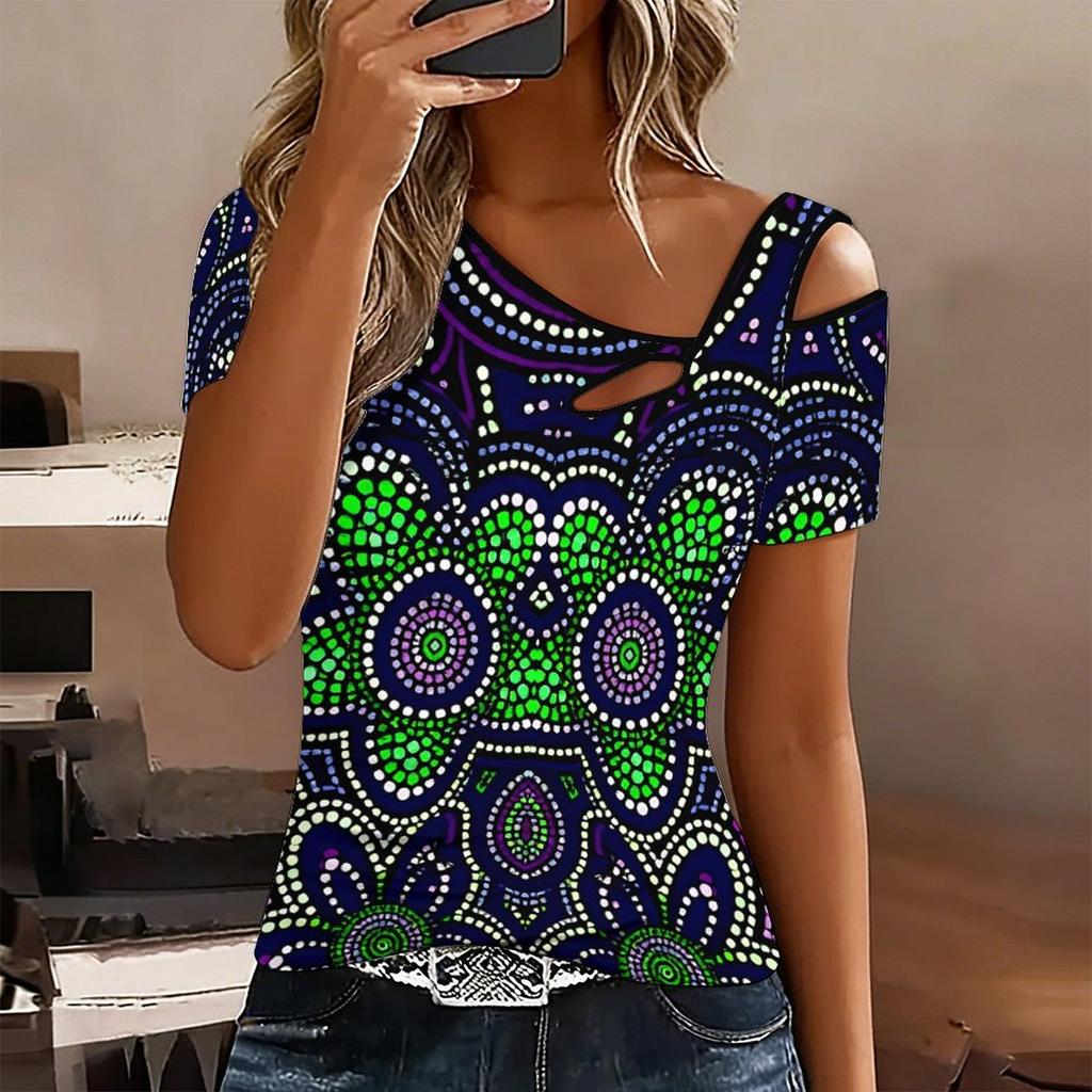 Women Skeleton Pattern Print Cold Shoulder Short Sleeve T Shirt Irregular Cutout Neck Casual Summer Blouse Top