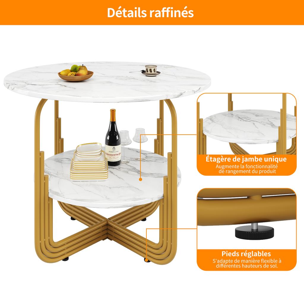 Round Dining Table (80×80×76cm), Coffee Table for 4 People, Small Plate in the Middle for Storage, Suitable for Dining Room, MDF Marble Tabletop