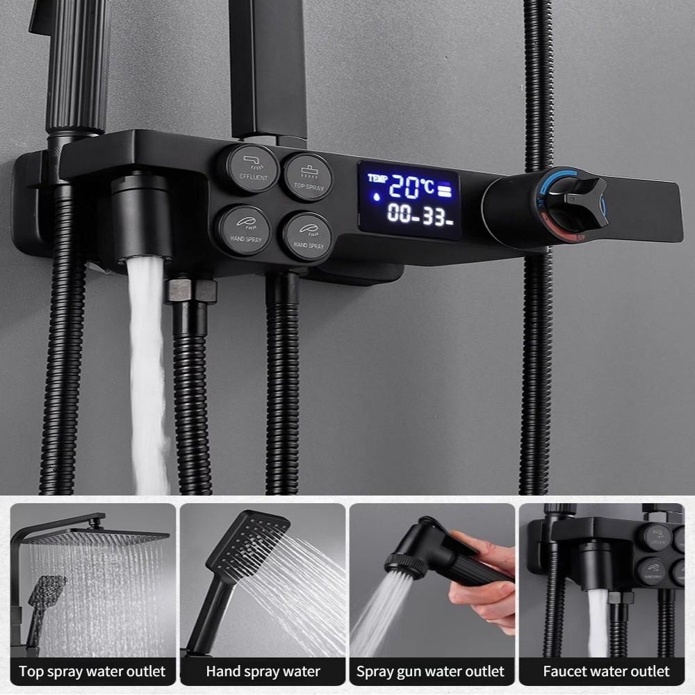 Household Bathroom Thermostatic Rain Shower Black Digital Display Pressurized Shower Head Button Showerhead Set