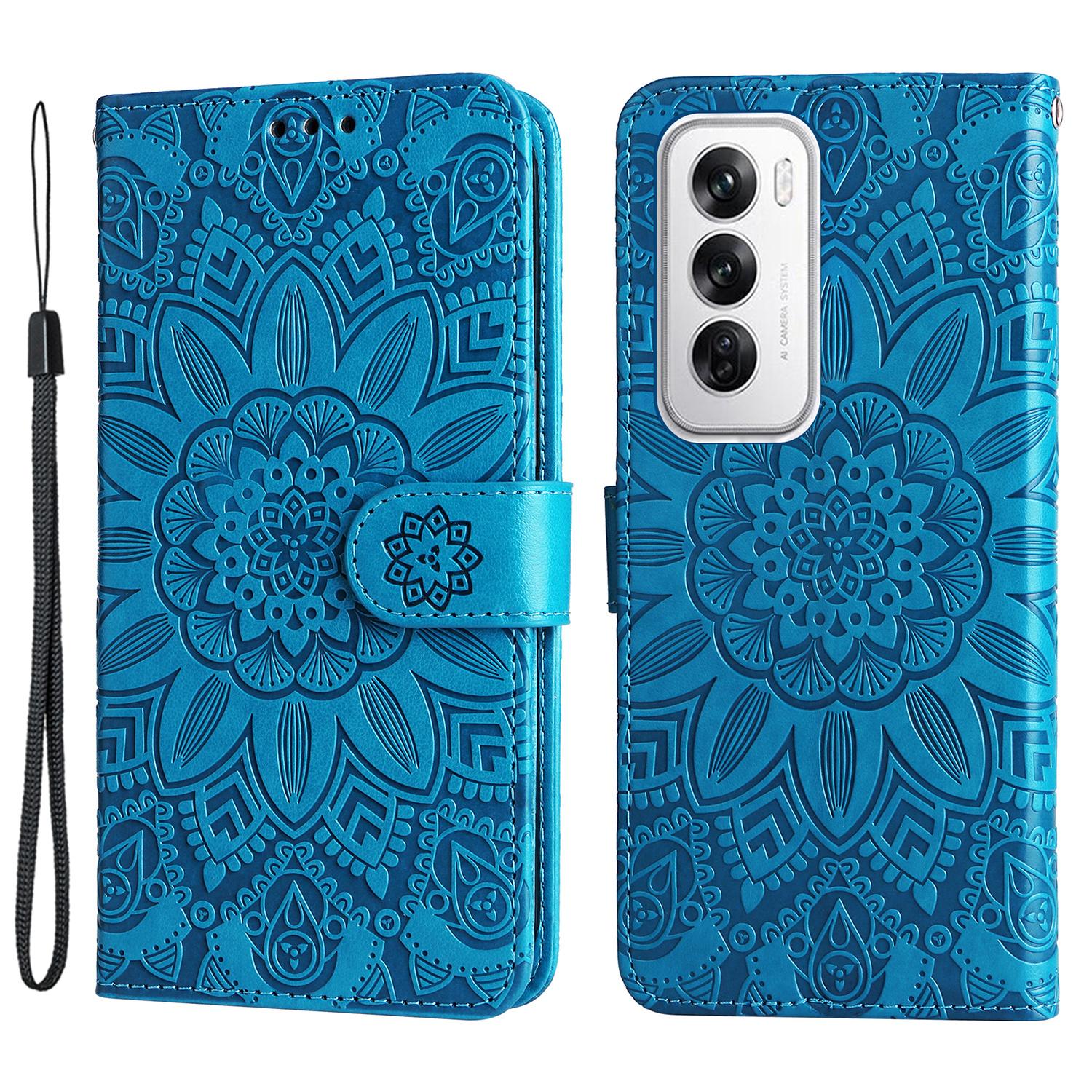 

For Oppo Reno12 5G (Global) Case PU Leather Sunflower Phone Cover with Strap Blue