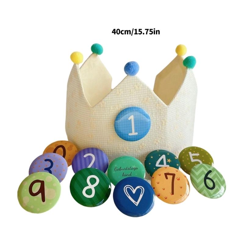 Adjustable Kids Birthday Crowned Hat Soft Cotton Fabric for Photoshoots 0 To 9 Years Reusable Props with Badges