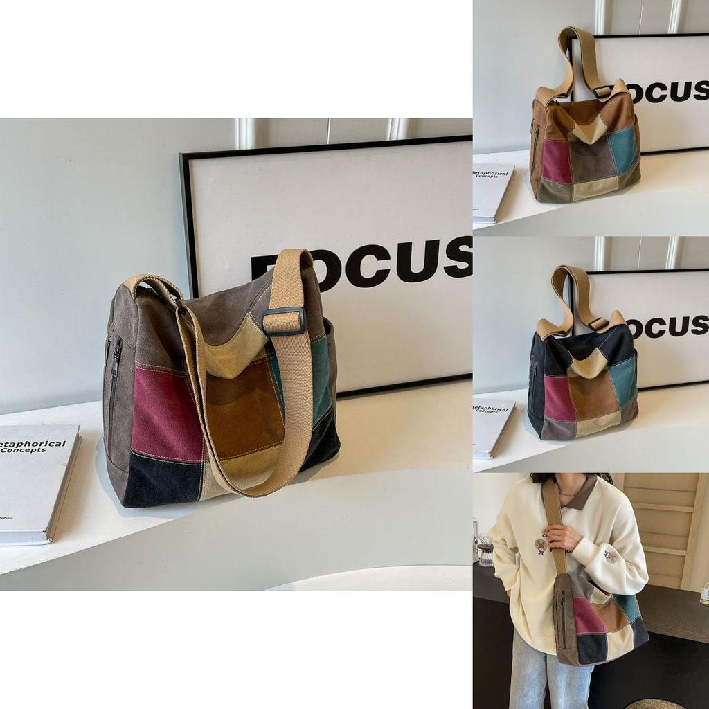 Trendy Color Stitching Canvas Tote Bag 2024 New Street Style Wide Strap Crossbody Bag