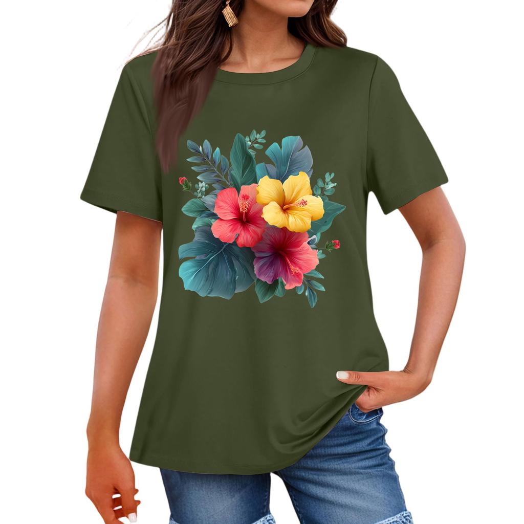 Women's Fashion Casual Printed Round Neck Short Sleeved T-Shirt Top T-Shirt Top Top