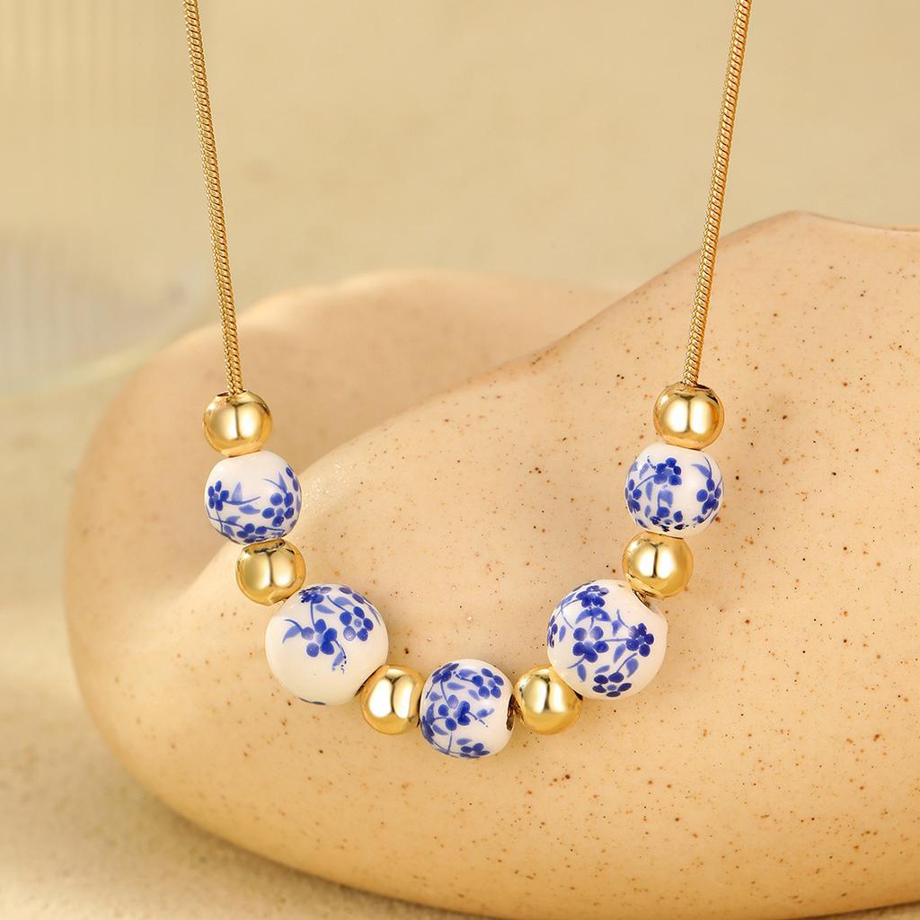 Temperament national style blue and white porcelain round bead fringed necklace, simple and versatile high-end necklace