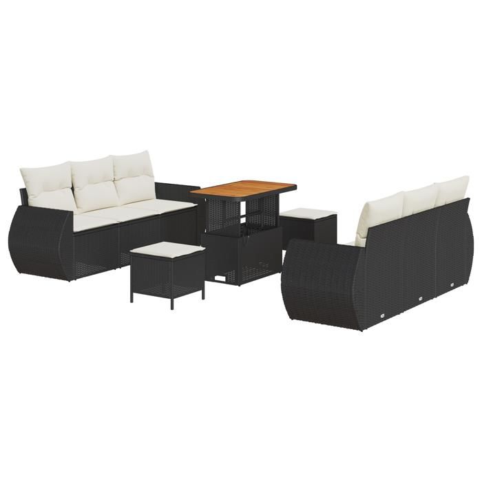 Ensemble de canapé de jardin 9 pièces avec coussins en poly rattan noir et acacia, Ensemble de salle à manger de jardin 3 3363780