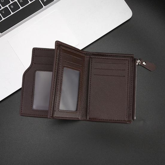 Men Short Card Wallet Slim Tri-fold Wallet Large Capacity Card Holder Cash Wallet with ID Window Zipper Coin Pocket Gift for Father Husband