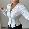 Casual Layering Shirt for Women - Side Slit Striped Printedd Slim Fit Long Sleeve Lapel Shirt