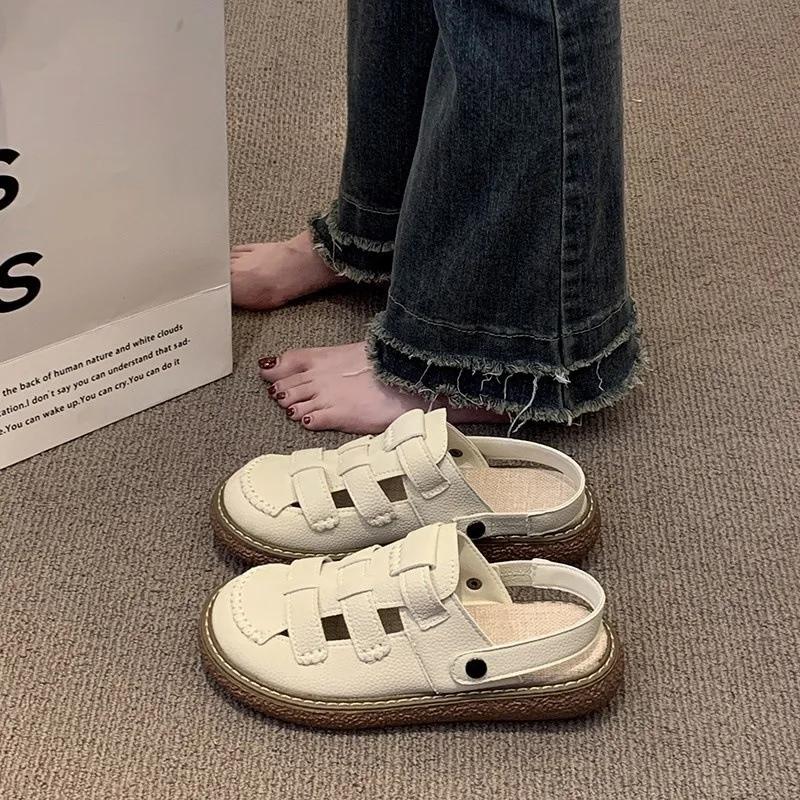 

Fashion Flat Shoes Female Slippers Soft Cover Toe Slides Low Platform Slipers Women Comfort Rubber Summer 2025 Rome Casual Hoof Heels Fa 35 бежевый